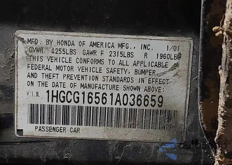 2001 Honda Accord 3.0 Ex from USA, damaged, VIN 1HGCG16561A036659